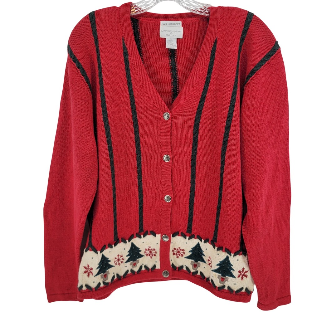 Vintage Red Green Cable Knit Christmas Tree Cardigan Sweater Hand Embroidered XL